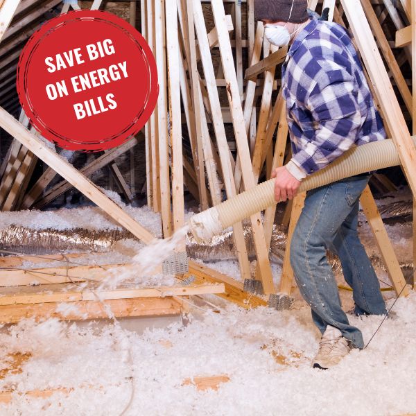 Precision air Worker blowing in attic insulation with a badge stating "save big on energy bills"
