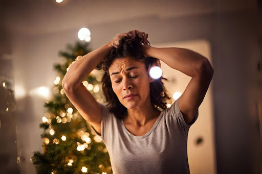A woman sweating in her home from the heat coming off her holiday decor.
